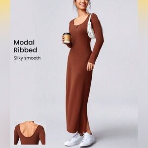 Chic Brown Ribbed Long Dress